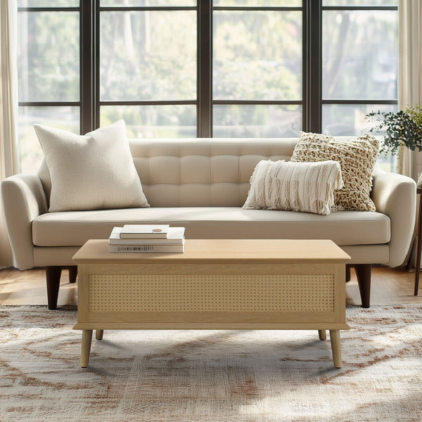 JLA Home 510 Design - Lift-Top Rattan Coffee Table with Soft-Close Lift, Hidden Storage, Mid-Century Wood Legs, Versatile Surface FUR120-0055