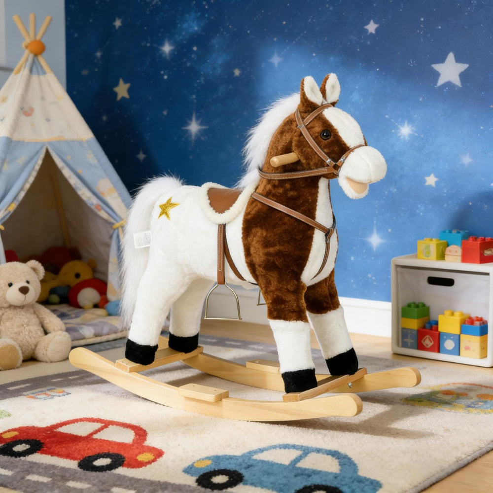 English Elm Rocking Horse Plush Ride on Toy with Music Soft Padded Body for Kids Playroom Fun T3971P442268