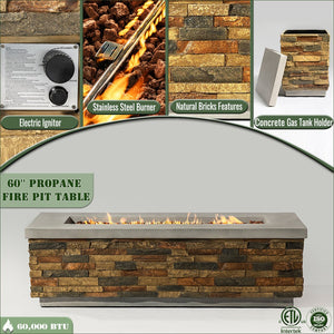 English Elm 60" Propane Gas Fire Pit Table 2-Pieces 60000 BTU Rectangular Concrete Sandstone with Cover & Lava Rocks W853S00007