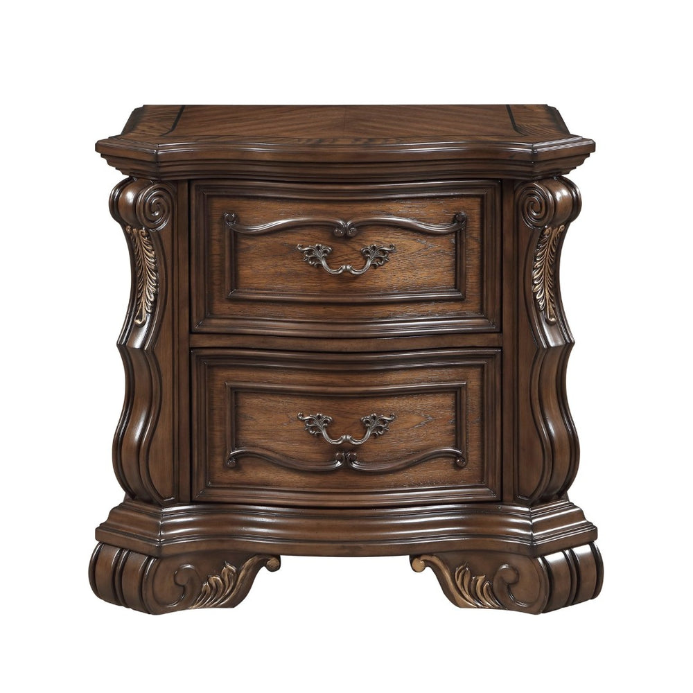 English Elm Formal Traditional Nightstand Pecan Burl Veneer Two Drawers Gold Accents Bedroom B011P458616