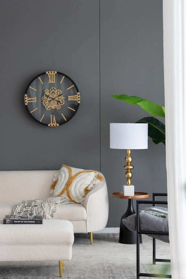 English Elm D15x29.5" Marble Pedestal Table Lamp with Four-Tiered Candlestick Silhouette and Drum Shade, Elegant Accent Gold+White W2078P395554