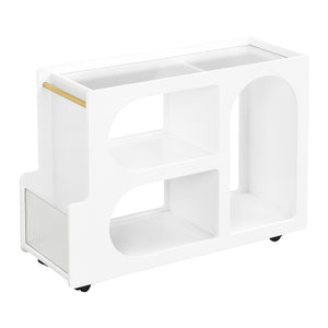 English Elm ON-TREND Mobile End Table with Locking Wheels, Fluted Tempered Glass Top, Gold Rod Accent, Sleek Storage Design White N721P179241K