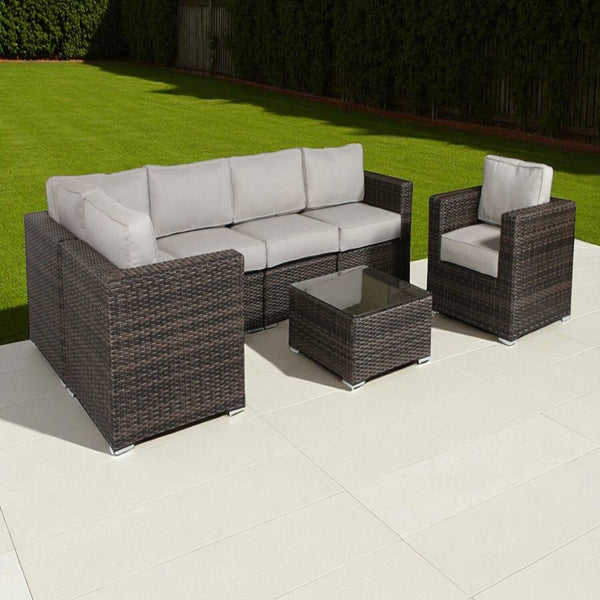 English Elm 5-Person Wicker Patio Set with Cushions Fully Assembled — 7-Piece Weatherproof Aluminum Sofa Set, Plush 5" Cushions Grey B120S00107