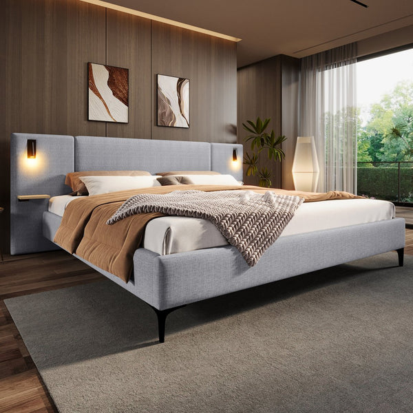 English Elm Christopher Knight Home® - Chic Linen Upholstered Bed With Integrated Lighting & Shelving, Grey Queen, Stylish Bedroom Retreat N769P264794Q