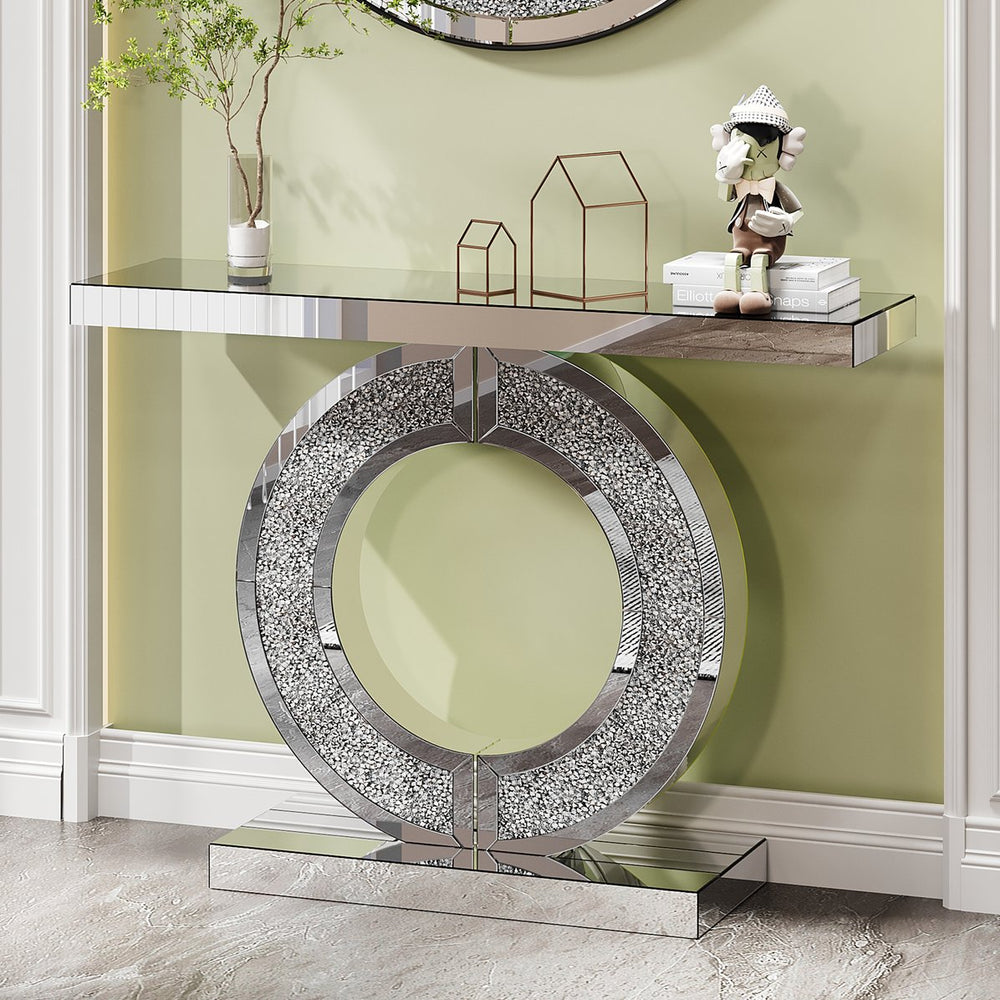 English Elm O O Shaped Mirror Console Table Silver Double-O Crystal Base Glam Hallway Accent Table for Living Room W3836P362144