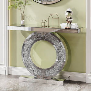 English Elm O O Shaped Mirror Console Table Silver Double-O Crystal Base Glam Hallway Accent Table for Living Room W3836P362144