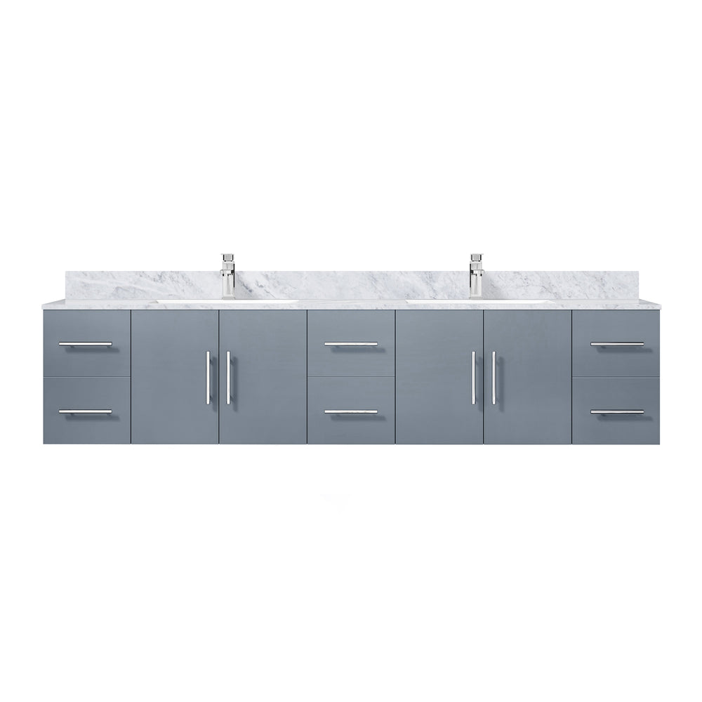 English Elm Dark Grey 84in Double Bath Vanity with Carrara Marble Top, Faucet Set, Soft-Close Drawers & Shelf B2731P258746
