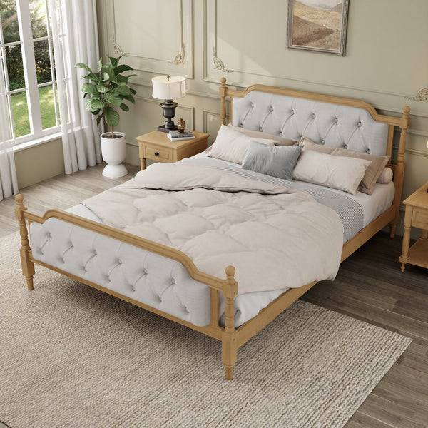 English Elm Traditional Solid Wood Bed Frame with Tufted Upholstered Headboard, No Box Spring Needed, Sturdy Support Walnut 83.1 L x 15.5 W x 5.1 H BS701P242647N