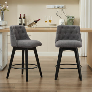 English Elm 007-360° Swivel Bar Stools Set of 2 25" Counter Height Linen Tufted Back Solid Wood Frame Durable Upholstery Dark Gray W2636P242117