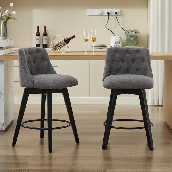 English Elm 007-360° Swivel Bar Stools Set of 2 25" Counter Height Linen Tufted Back Solid Wood Frame Durable Upholstery Dark Gray W2636P242117