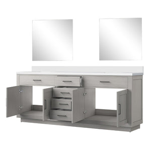 English Elm White Oak Double Bath Vanity With White Quartz Countertop & 34 In. Frameless Mirrors, 84 In. W B2731S01556-GIGA