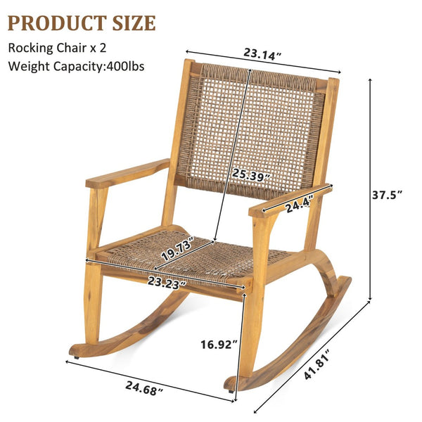 English Elm Go Acacia Wood Outdoor Rocking Chair Set Two Pe Wicker Seats for Patio Porch Natural N704P245214A