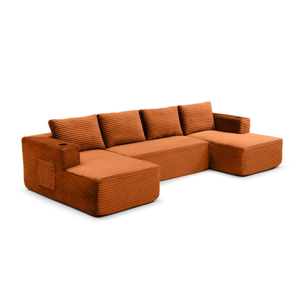 English Elm 132" Modular U-shaped Corduroy Cloud Sectional with Deep Seat Cupholders Assembly Free W1117S00346