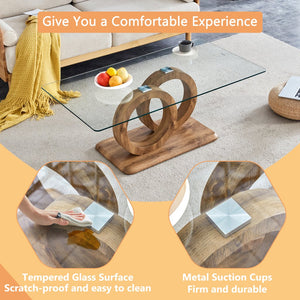 English Elm Modern Glass Top MDF Coffee Table with Interlocking Circle Base, Minimalist Living Room Centerpiece Natural Wood W3226P279048