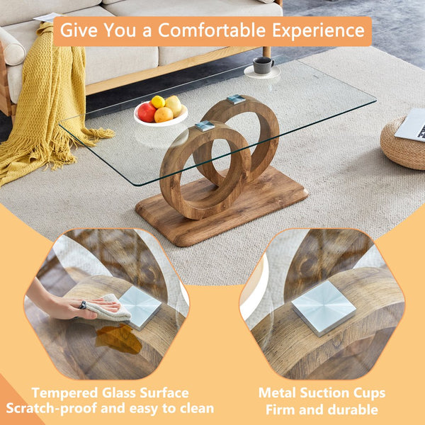 English Elm Modern Glass Top MDF Coffee Table with Interlocking Circle Base, Minimalist Living Room Centerpiece Natural Wood W3226P279048
