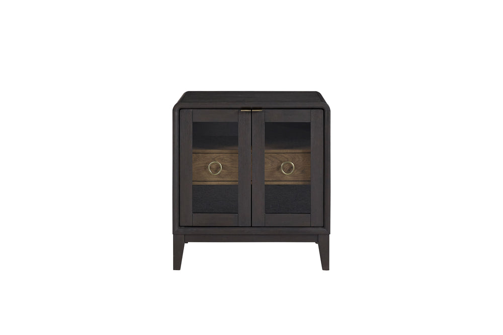 English Elm Glass Door Nightstand in Black Solid Wood & MDF with Tempered Glass Doors, Drawer, Sleek Finish B2699P237491