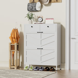 English Elm Shoe Cabinet Slim Steel Entryway Organizer with Flip Compartments and Retro White Finish T2398P413025