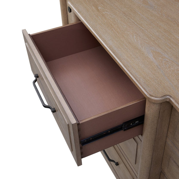 English Elm Small Breakfront Dresser with Mindi Veneer, Warm Neutral Finish, 7 Drawers, Tapered Legs, Elegant Storage Options Sand 62 L x 23.5 W x 36 H B2699P360160