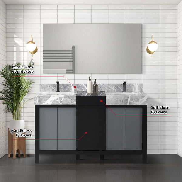 English Elm Black Double Bath Vanity Set With Castle Grey Marble Top, Gun Metal Faucet & 53" Mirror – Stylish & Durable! B2731S01026