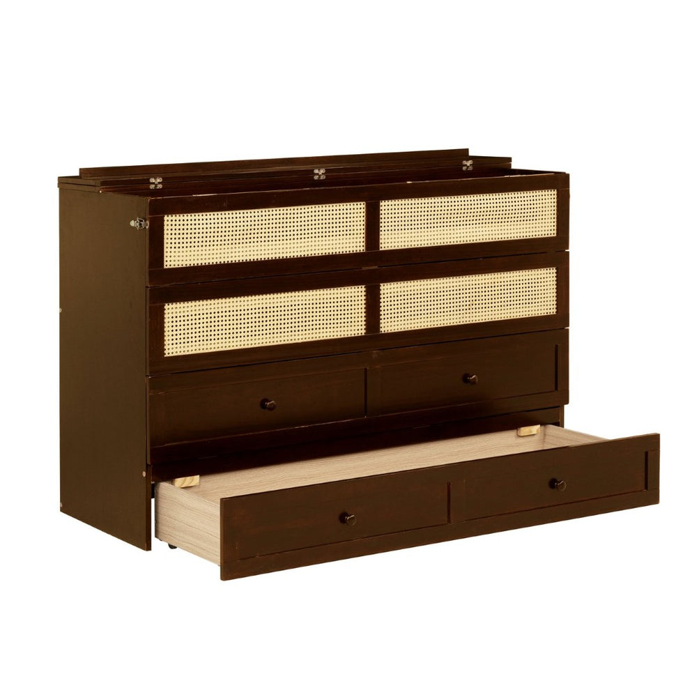 English Elm Queen Size Murphy Bed - Stylish Walnut Pine Cabinet With Rattan Accents & Full-Width Storage Drawer W504S00231-GIGA