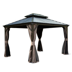 English Elm 12' X 14' Hardtop Gazebo with Drainage, Dual-Layer Galvanized Roof, Curtains & Mesh, Brown - Durable Outdoor Shelter for Patio and Garden (UV, Mosquito-Proof) W1859S00140