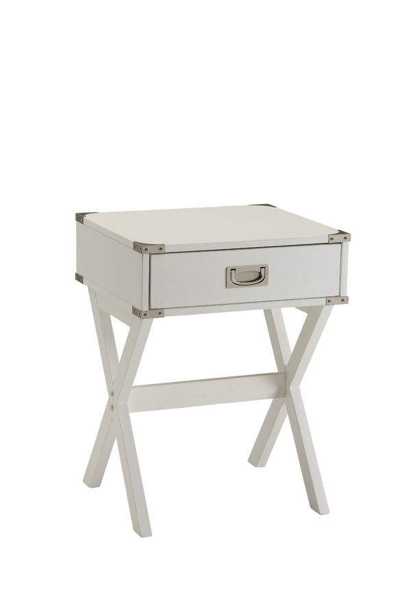 English Elm Babs Industrial Accent Table with X Base Metal Hardware and Single Storage Drawer White B2726P270997
