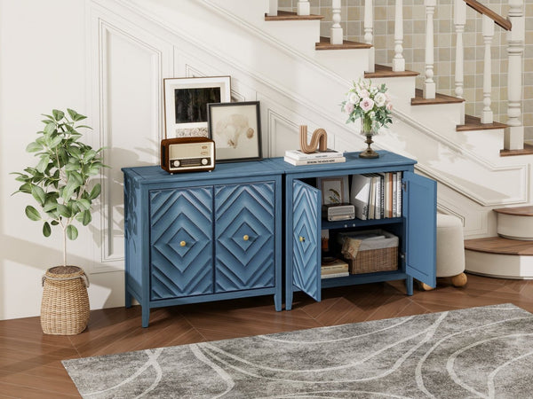 English Elm Geometric Diamond Embossed Sideboard Cabinet Matte Vintage Mdf Entryway Storage Blue W688P364739