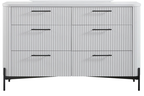 English Elm 6 Drawer Dresser with Reeded Fronts and Metal Base, Solid Wood Build, Felt & Cedar Lined Drawers White 61.5 L x 21.5 W x 35 H B2699P270988
