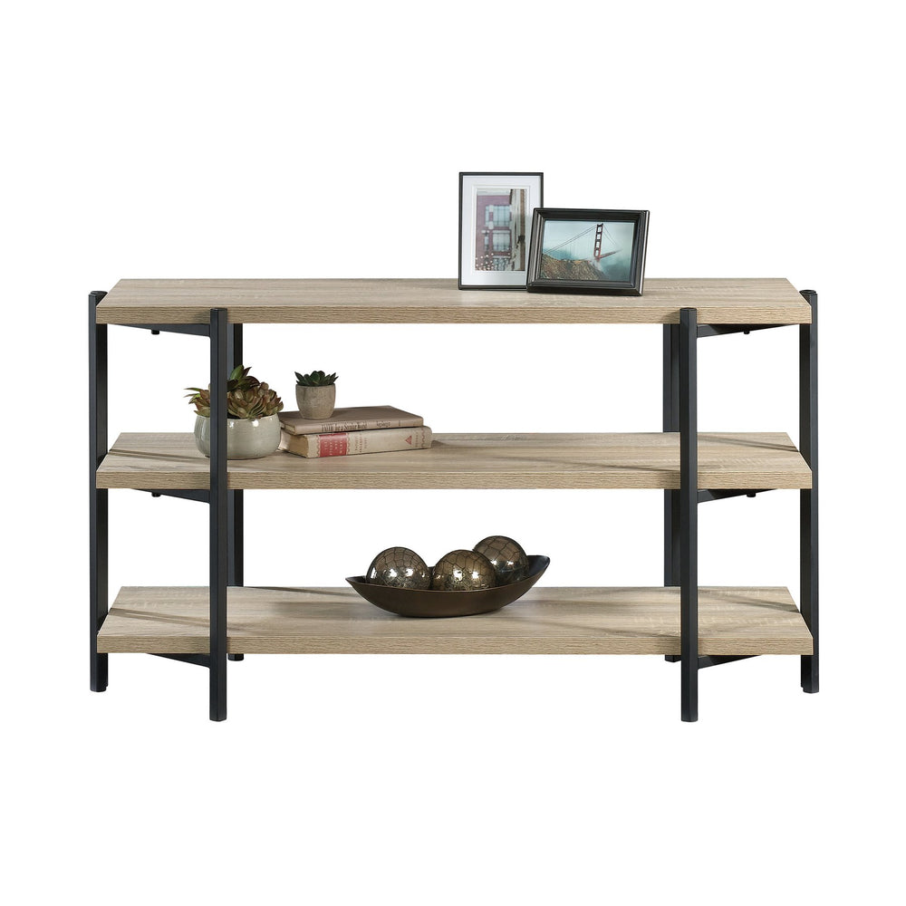 English Elm Console, Brown finish 43.7" Engineered Wood Table with 1" Thick Shelves, Powder-Coat Metal Frame, No-Tool Assembly B356P367934