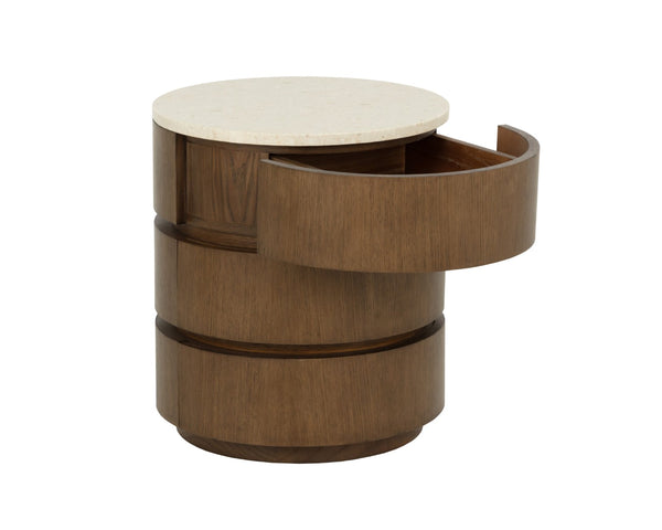 Sunpan CALDORA Nightstand - Sculptural Oak Veneer with Polished Marble Top, Modern Design & Quiet Storage 112685