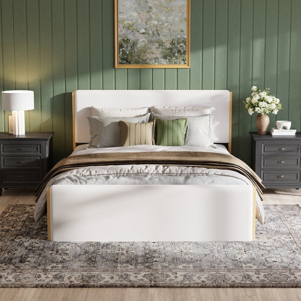English Elm Queen Platform Bed Natural Wood Frame Beige Upholstered Headboard Low Profile N758Q909899N