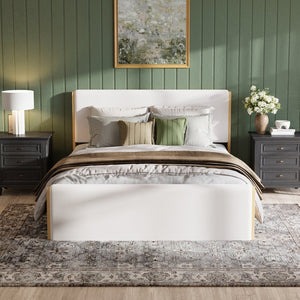 English Elm Queen Platform Bed Natural Wood Frame Beige Upholstered Headboard Low Profile N758Q909899N