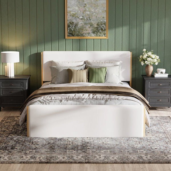 English Elm Queen Platform Bed Natural Wood Frame Beige Upholstered Headboard Low Profile N758Q909899N