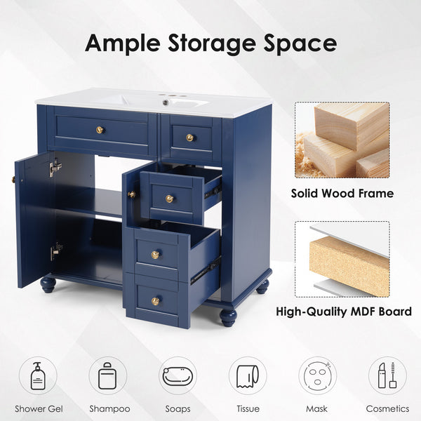 English Elm 36" Modern Grey Bathroom Vanity with Ceramic Sink, Solid Wood Frame, Soft-Close Drawers, Organizer Storage Blue W2896P344087