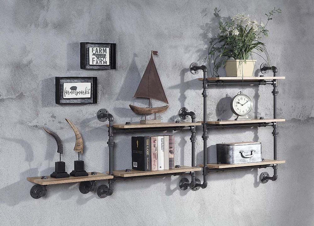 English Elm 2 Pipe Wall Shelf – 2-Tier Oak Planks with Sandy Black Metal Tubes, Farmhouse Industrial Display & Storage Solution B016P324197