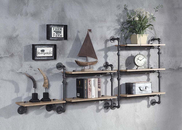 English Elm 2 Pipe Wall Shelf – 2-Tier Oak Planks with Sandy Black Metal Tubes, Farmhouse Industrial Display & Storage Solution B016P324197