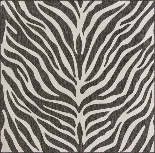 Unique Loom Outdoor Safari Tsavo Machine Made Animal Print Rug White, Black 10' 0" x 10' 0"