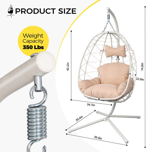 English Elm Hanging Egg Chair Woven Pe Wicker Swing with Stand Washable Cushion Patio Bedroom T5880P497559