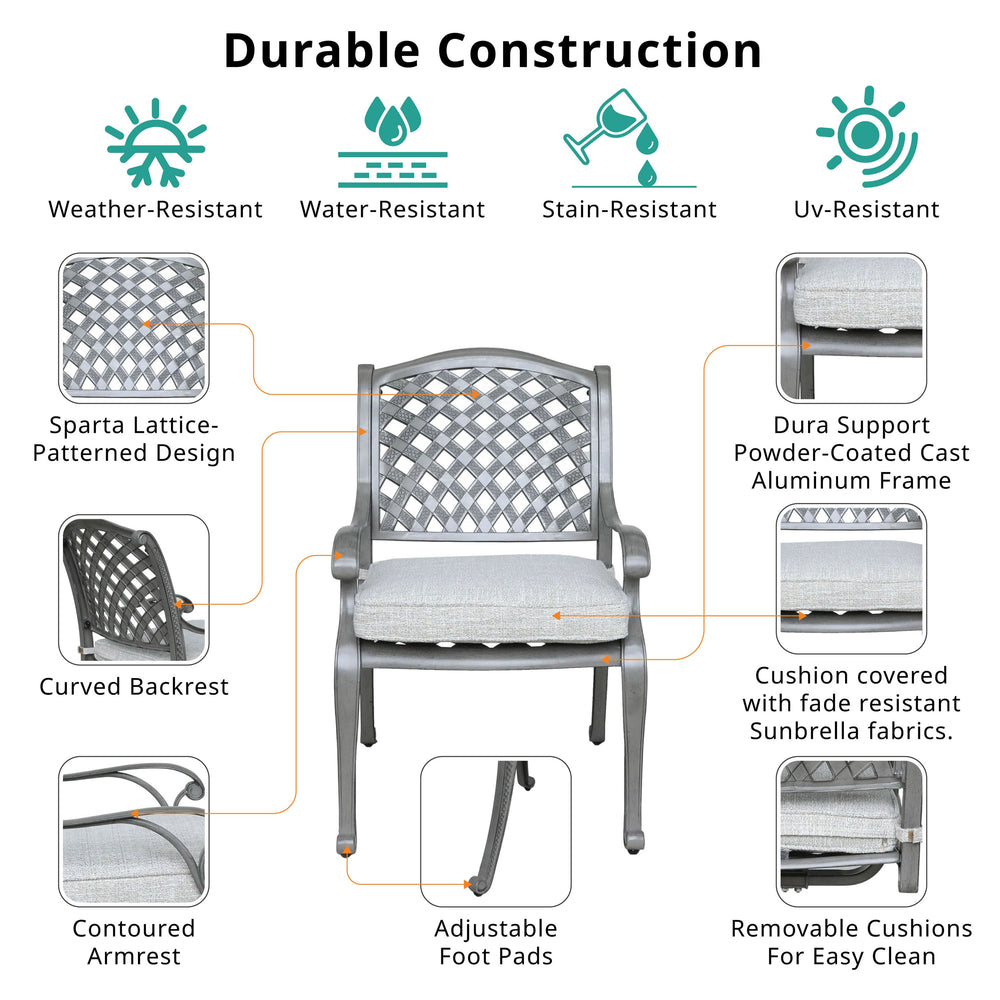 English Elm Indoor Aluminum Dining Chair with Cushion Grey+Gold — Weather-Resistant Lattice Back, Removable All-Weather Cushion, Stylish Patio Seating B010P157981