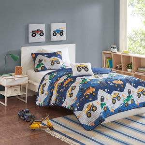 Mi Zone Kids Nash Casual Monster Truck Reversible Quilt Set with Throw Pillow MZK13-167 Blue