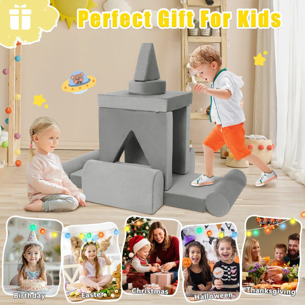 English Elm 11pcs Modular Foam Play Couch Set for Kids Velour Washable Toddler Playroom Builder Dark Gray T5880P493427