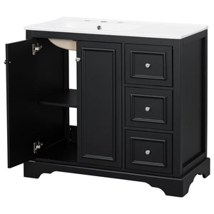 English Elm 36'' Transitional Bathroom Vanity with Ceramic Sink, Solid Wood Frame, Adjustable U-Shelf & Soft-Close Doors Black N729P292966B