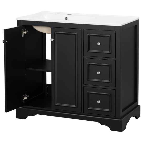 English Elm 36'' Transitional Bathroom Vanity with Ceramic Sink, Solid Wood Frame, Adjustable U-Shelf & Soft-Close Doors Black N729P292966B