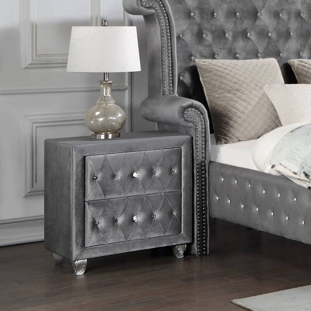 English Elm Glam Upholstered Nightstand with Acrylic Button Tufting Velvet Cabriole Feet Bedroom Gray B2741P435908