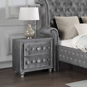 English Elm Glam Upholstered Nightstand with Acrylic Button Tufting Velvet Cabriole Feet Bedroom Gray B2741P435908