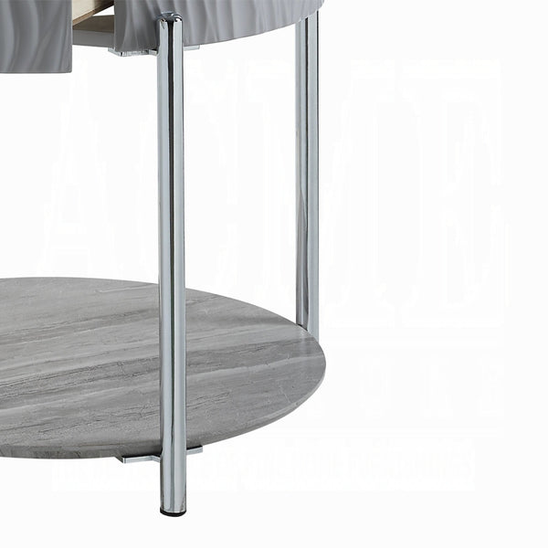 English Elm Grey High Gloss End Table With Chrome Legs And Drawer – Modern Accent For Stylish Living Spaces B062P209132