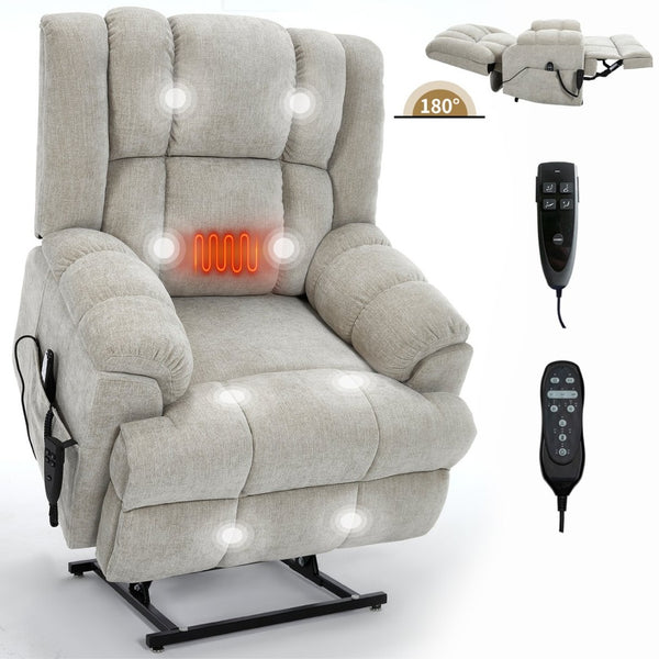 English Elm Dual Motor Power Lift Recliner Chenille Chair with Massage Heat and Infinite Positions Beige W3224P288434