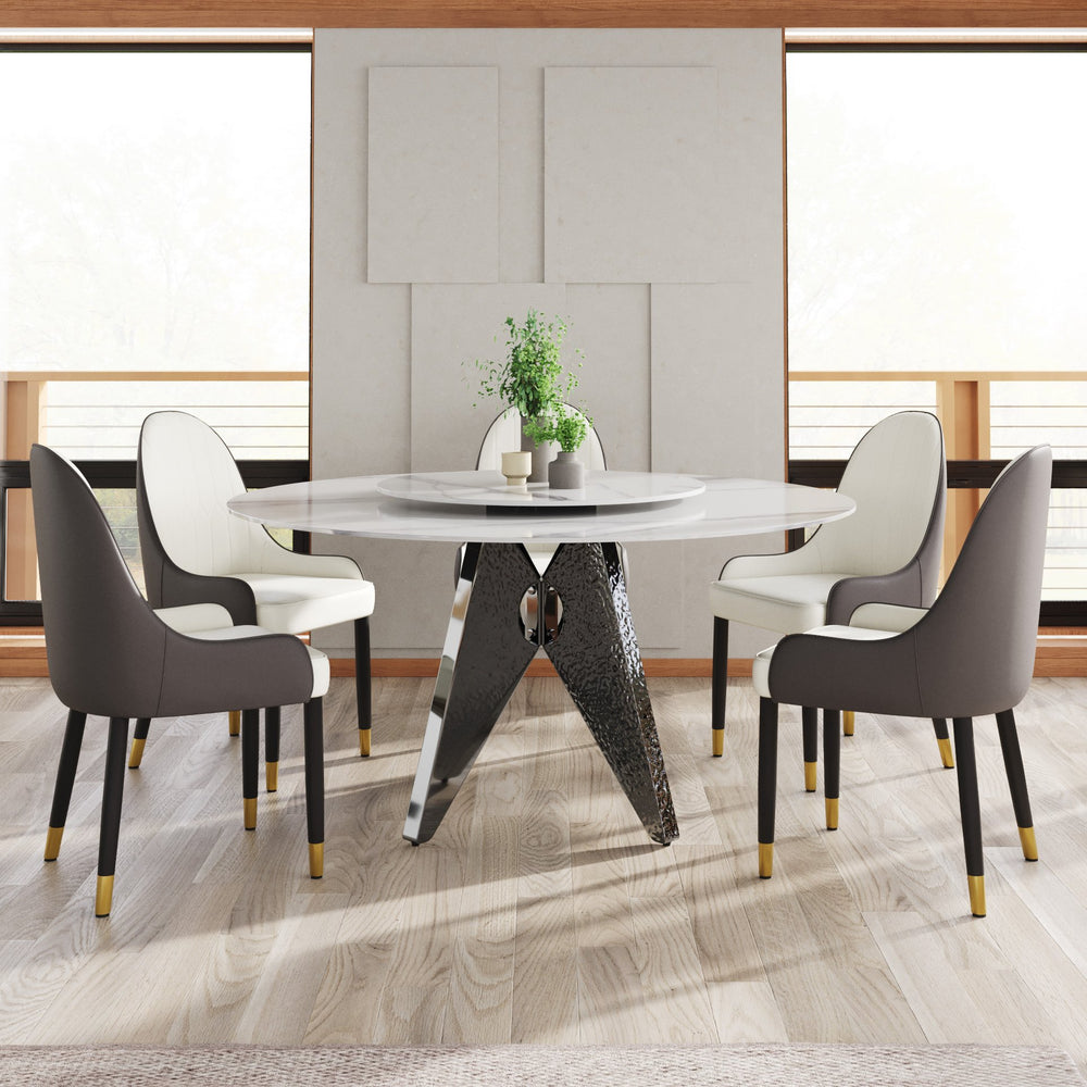 English Elm 59.05" Round Marble Dining Table With Silver Base, Durable Artificial Stone, Seats 6-8, Turntable Included W1535S00396