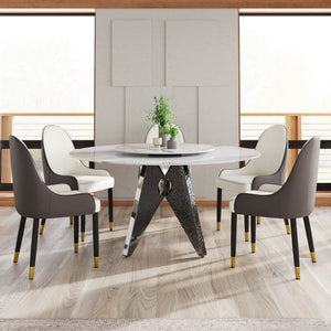English Elm 59.05" Round Marble Dining Table With Silver Base, Durable Artificial Stone, Seats 6-8, Turntable Included W1535S00396