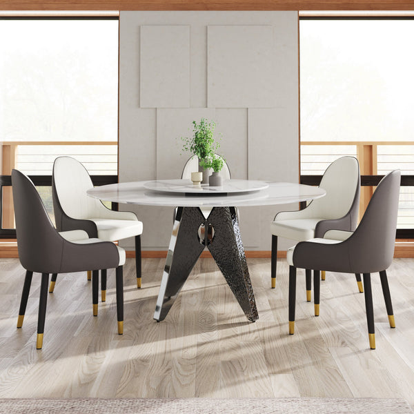 English Elm 59.05" Round Marble Dining Table With Silver Base, Durable Artificial Stone, Seats 6-8, Turntable Included W1535S00396